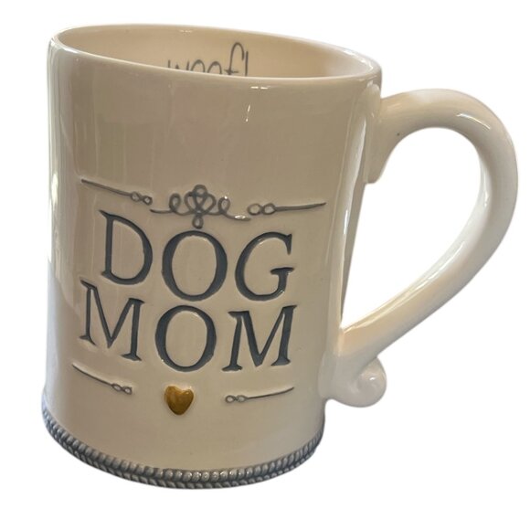 GRASSLANDS ROAD Mug Dog Off White and Blue Gold Heart "woof!" on the Inside - Picture 1 of 8